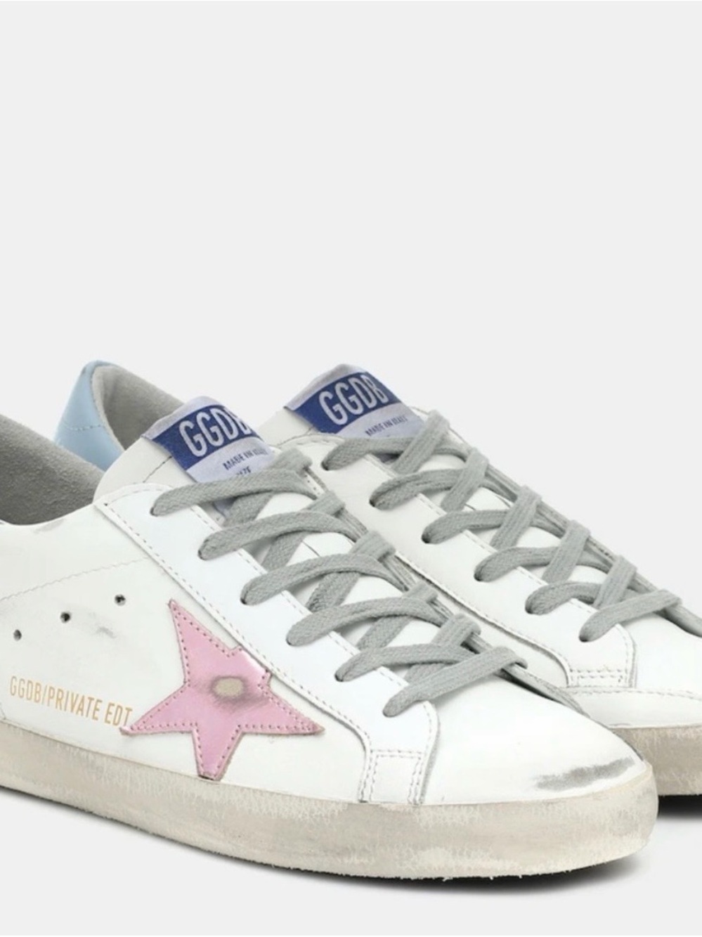 Golden Goose White Leather Sneakers with Pink Star and Gray Laces